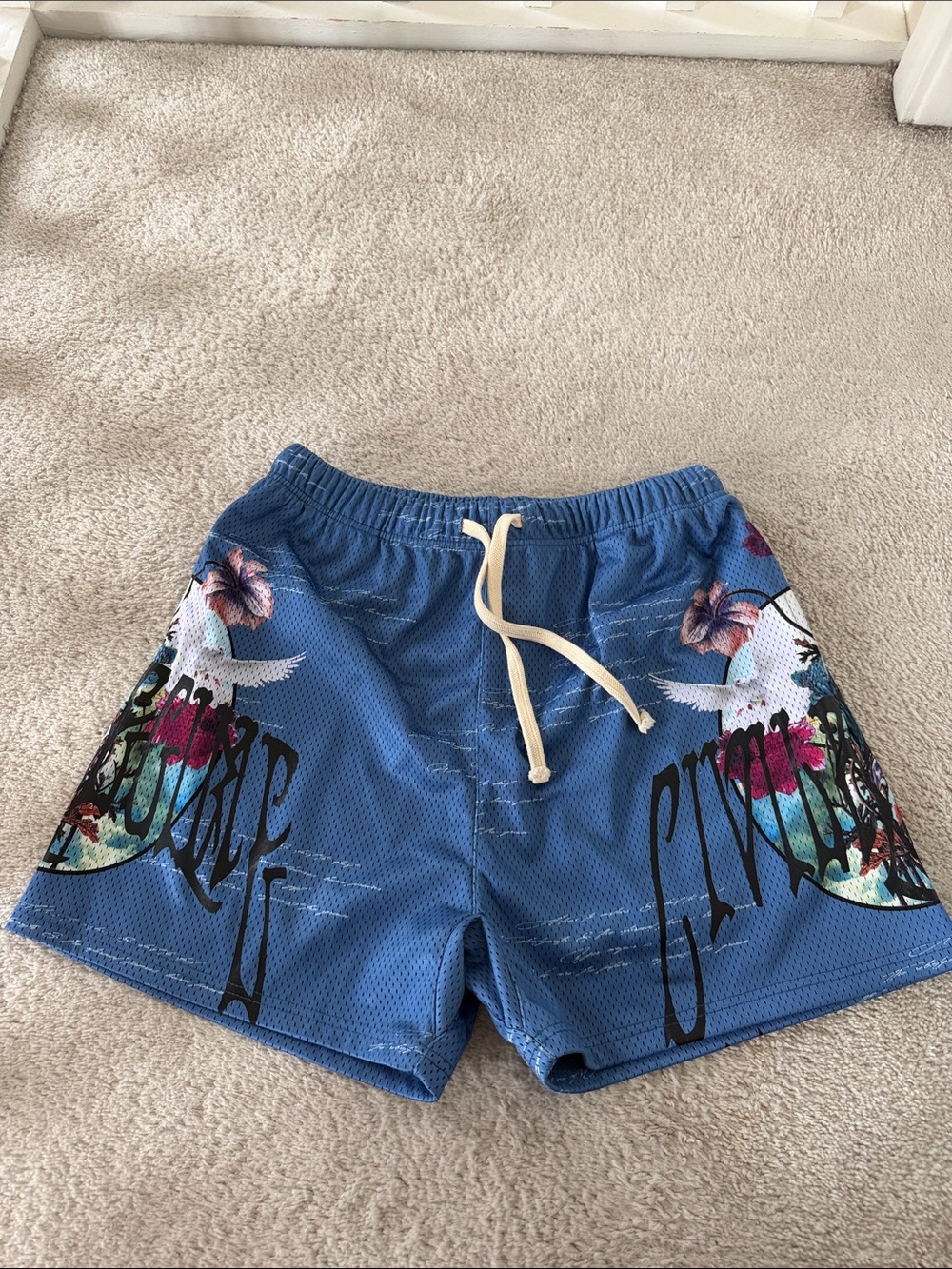 Civilregime Blue Floral Print Men's Shorts with Drawstring, Large